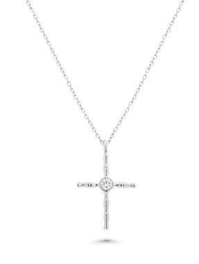 Round Lab Grown Diamond Cross Necklace 925 Silver Sterling Rhodium Plated